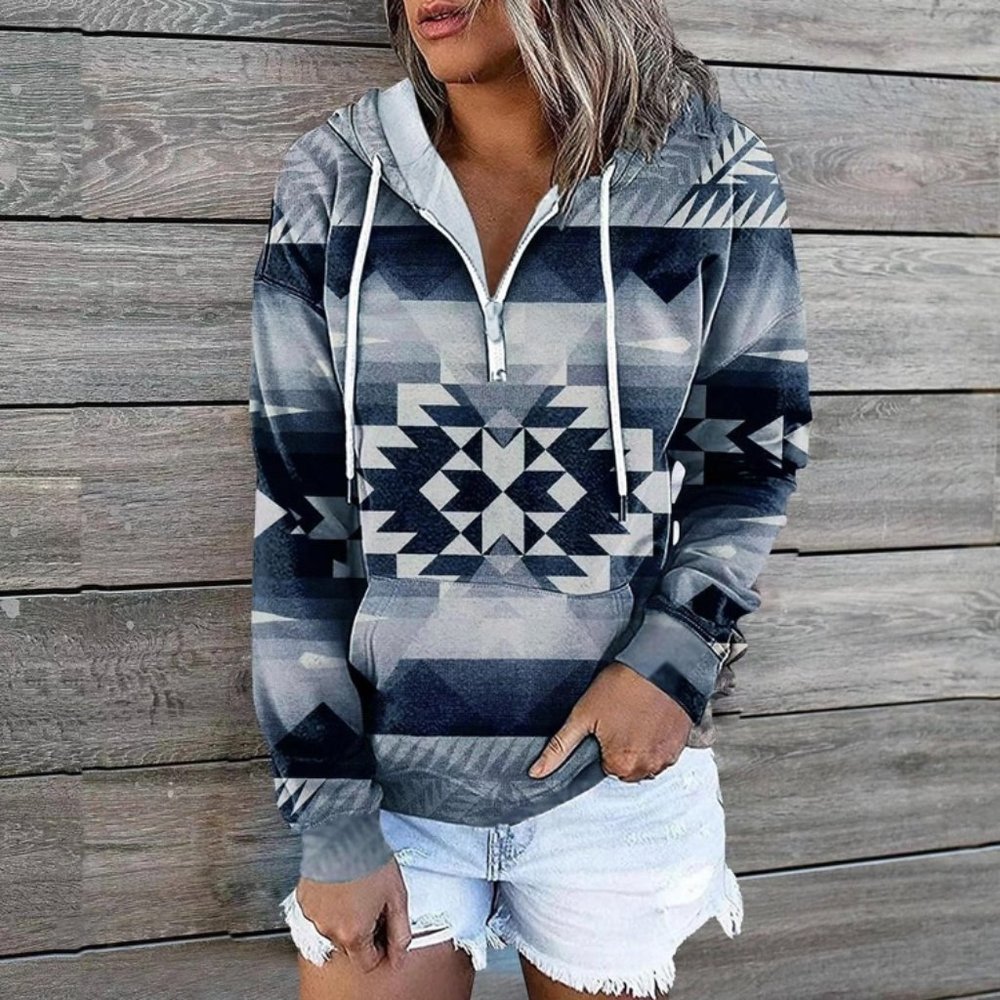 Brand New Women's Aztec Tribal Print Hooded Sweatshirt 1/2 Zip